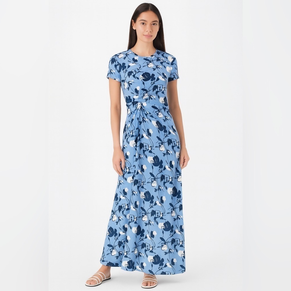Tanya Taylor blue floral cinched short sleeve midi dress slit